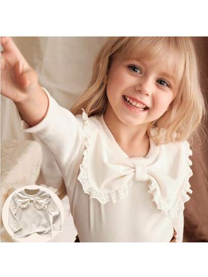 Loomiva 奶油色少女花卉蕾丝边柔软针织圆领长袖套头衫