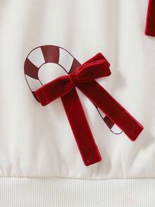 Cozy Pixies 2 Stücke/Set Kleine Mädchen Weihnachten Candy Cane Farbblock Schleife Dekor Rundhals Langarm Kapuzen Sweatshirt und Jogginghose mit elastischem Bund - Rot - Übersicht 3