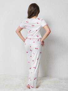ROMWE Kawaii 女士休闲樱桃印花短袖睡衣套装，夏季 - 白色 - 查看 3