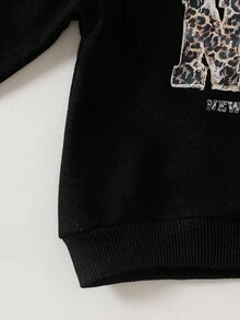 SHEIN 2pcs Baby Girl Casual Commuter Fashion Slogan Leopard Print Letter Sweatshirt And Bow Decor Elastic Waist Loose Wide Leg Pants Set Fall Winter - Black - View 5