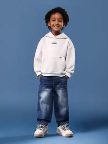 SUMWON 棉质弹力腰带套穿牛仔裤 儿童舒适宽松牛仔裤 休闲日常经典直筒水洗裤 秋冬春装 青少年风格 度假 - 藍色 - 查看 3