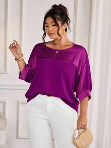 Cravure Plus Size Purple Autumn Elegant Formal Round Neck 3/4 Raglan Sleeve Metallic Fabric Patchwork Contrast Color Woven Cuff Casual Commute Party Shirt - Red Violet - View 4