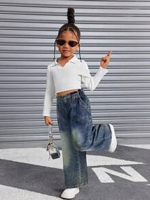 SHEIN 年轻女孩新款度假向日葵荷叶边松紧腰柔软水洗宽松休闲时尚牛仔裤 - 深色水洗藍 - 查看 3