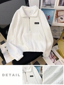 SHEIN Áo sweatshirt crop tay dài cổ tròn màu trắng cho nữ tuổi teen, chất liệu dệt kim chần bông, áo sweatshirt crop tay dài cổ tròn dáng rộng màu trắng, áo sweatshirt khóa kéo màu trắng, áo dệt kim họa tiết màu trắng, áo sweatshirt khóa kéo phong cách Y2K, áo sweatshirt mùa thu đông. - trắng - Xem 3