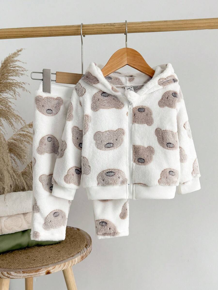 SHEIN 两件套男婴保暖羊毛熊套装 - 连帽拉链夹克 + 弹力袖口裤，秋冬 - 彩色 - 查看 1