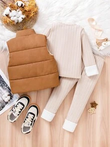 SHEIN Genkimix Kids 女童三件套：白色短款立领棉背心、紫色罗纹长袖T恤和紧身裤。适合冬季、休闲、日常穿着、学校、家庭聚会、街头服饰和运动。 - 彩色 - 查看 2