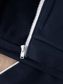 SHEIN Playful Pals 2 件套年轻男孩连帽卫衣和裤子套装，秋冬新款，黑色连帽衫搭配白色撞色条纹，黑色裤子，舒适休闲装，适合日常穿着，适合家庭/兄弟姐妹穿着 - 藏蓝色 - 查看 7