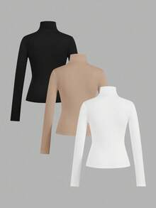 SHEIN EZwear Bộ 3 áo thun ôm sát cổ cao tay dài màu đen, kaki, trắng dành cho nữ, phù hợp cho mùa thu/đông - Nhiều màu - Xem 2