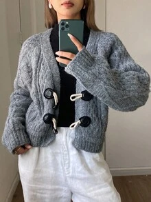 DAZY Áo len cổ tròn màu xám rộng rãi, thường ngày cho nữ, kiểu dáng cardigan, mùa thu/đông - Xám - Xem 1