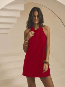 Aralina 宽肩带甜心领合身腰部纹理面料夏季度假装女式迷你连衣裙 - 紅色 - 查看 1