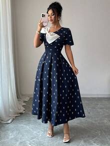 Elenzga 新款时尚夏季短袖 V 领大蝴蝶结装饰中腰飘逸优雅连衣裙，适合派对、购物、度假等场合 - 藏蓝色 - 查看 7