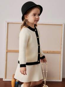 PrepCrw Young Girls' Collegiate Style Color Block Button-Front Knit Cardigan/Knit Mini Skirt Set Fall Winter - Black and White - View 6