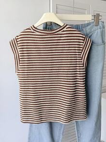 SHEIN Teen Girls Striped Round Neck Short Sleeve Casual T-Shirt, Minimalist Leisure Wear Striped Summer Tops Ribbed Tops Summer Tops For Teen Girls Teen Girl Summer Clothes Short Sleeve Tops