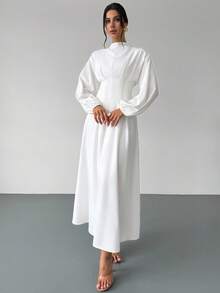 Firerie 女士优雅白色系带立领荷叶边灯笼袖 A 字中长连衣裙，适合工作、办公室、度假和浪漫场合，春夏秋季，白色毕业礼服，复古连衣裙 - 白色 - 查看 5