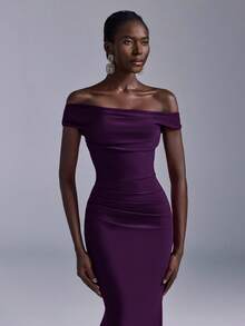 Elitara Váy đuôi cá trễ vai nhún bèo thanh lịch, thích hợp cho đám cưới, tiệc tùng, kỳ nghỉ, dạ hội, phù dâu (người lớn) - Màu tím - Xem 4