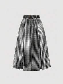 SHEIN MOD 棕色千鸟格图案半身裙，学院风 - 黑色 - 查看 3