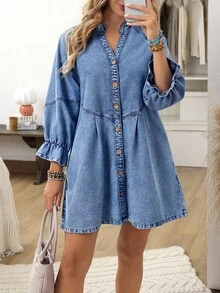 EMERY ROSE 大码休闲前扣牛仔连衣裙 - 藍色 - 查看 3
