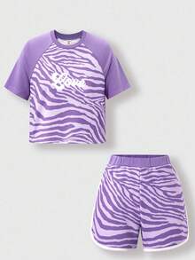SHEIN 2pcs/Set Girls Zebra Print & Letter Short Sleeve Raglan T-Shirt And Shorts, Suitable For Daily Outdoor Activities - Multicolor - View 1