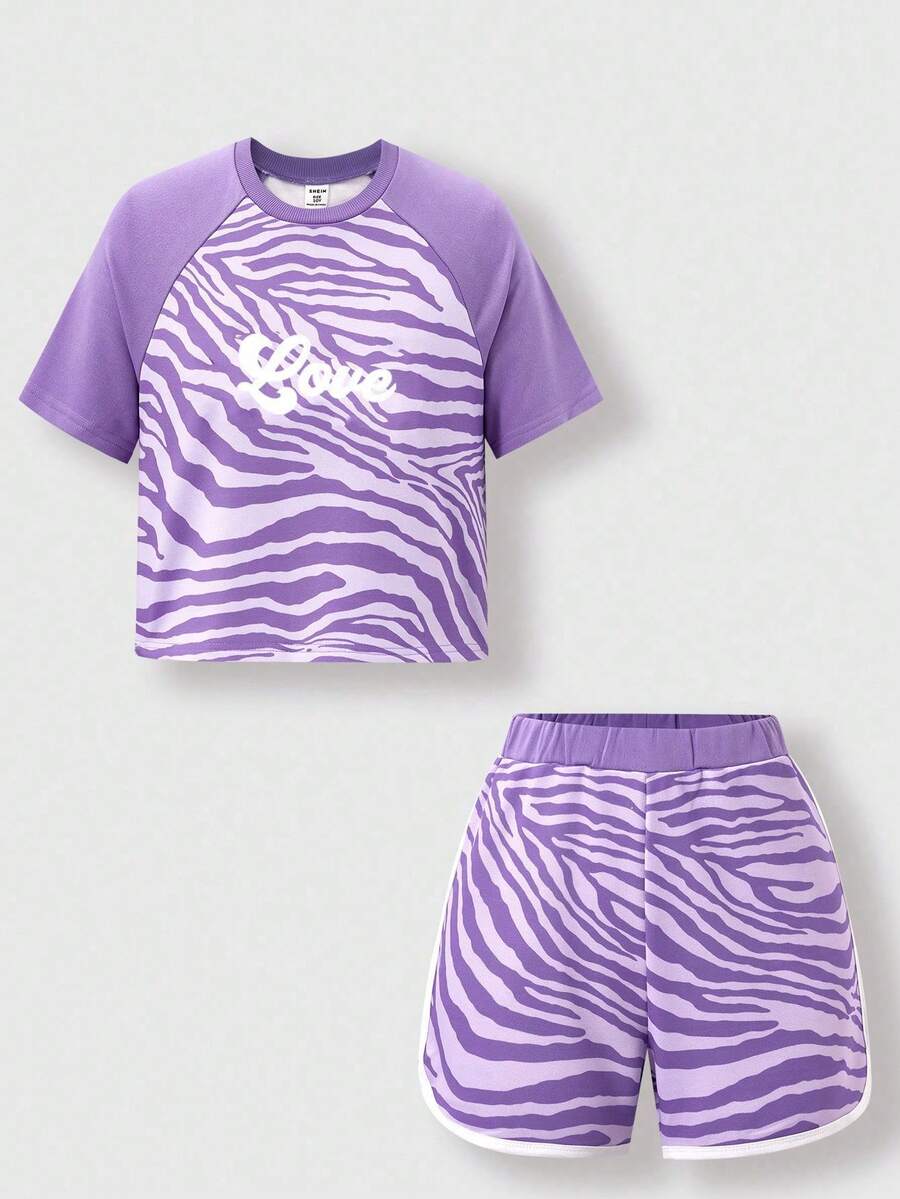 SHEIN 2pcs/Set Girls Zebra Print & Letter Short Sleeve Raglan T-Shirt And Shorts, Suitable For Daily Outdoor Activities - Multicolor - View 1