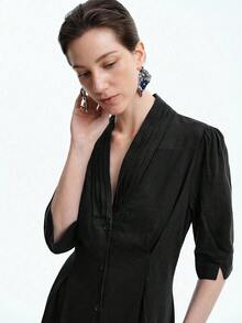 Aalyst Women's Fashion Elegant Commuter Casual Comfortable Charming Retro Minimalist High-Waist Collar Pleated Design Flared Short Sleeve Dress