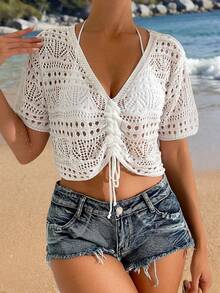 Swim Vcay 女款純色短袖v領束腰花編短款套頭上衣 - 白色 - 查看 1