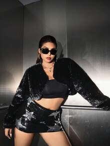 SHEIN EZwear 加大码纯色亮面仿皮草内衬加厚冬季长袖夹克 - 黑色 - 查看 1
