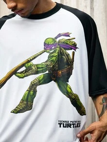 ROMWE MEN TEENAGE MUTANT NINJA TURTLES X ROMWE 男士休闲时尚街头卡通乌龟与口号图案撞色插肩袖宽松 T 恤，夏季 - 黑與白 - 查看 7