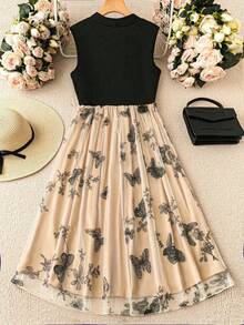 SHEIN Belle 大碼女裝夏季蝴蝶網紗邊系頸無袖簡約優雅連衣裙 - 彩色 - 查看 2