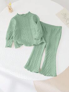 SHEIN Babygirl Green Ruffle Trim Long Sleeve Top And Elastic Waist Flare Pants Set, Autumn/Winter Mint Green Baby Girl Set Baby Girl Mint Green Outfit Toddler Girl Green Outfit Set Baby Girl Green Outfit Set Woven Green Outfit Set Baby Fall - Green - View 4