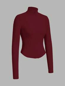 SHEIN EZwear Áo khoác chống nắng thời trang ôm sát, cổ đứng, tay raglan, màu đỏ rượu vang, dành cho nữ, mùa thu/đông - Màu Đỏ Sâu - Xem 3