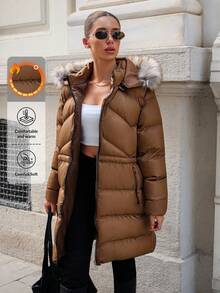EURMUSE 女士纯色拉链和羽毛细节冬季大衣 - 米色 - 查看 3