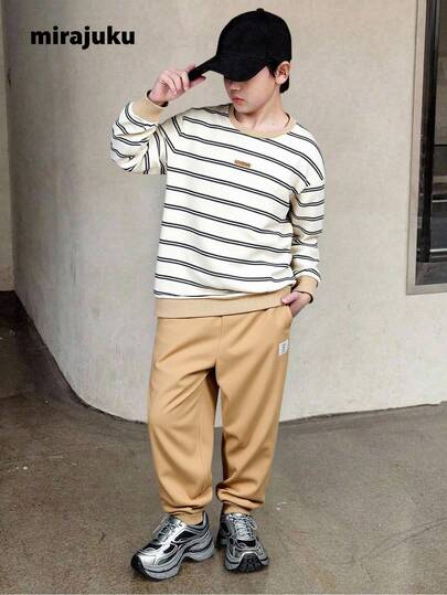 SHEIN 2pcs/Set Boys Casual Striped Print Sweatshirt And Jogger Pants Set, Suitable For Leisure And School Wear