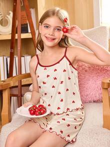 SHEIN 2件套可爱细肩带心形印花大女孩睡衣 - 杏色 - 查看 4