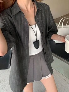 DAZY Women's Dark Grey Pinstriped Casual Blouse With Half Sleeves And Collar Neckline For A Chic Everyday Look - Dark Grey - View 2