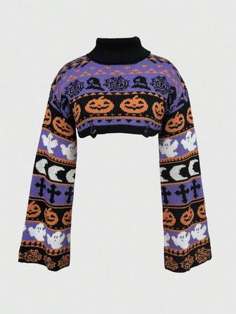 Goth Maglione corto con maniche a sbuffo e scollo a goccia con motivo a zucca di Ognissanti, adatto per l'autunno, per donna