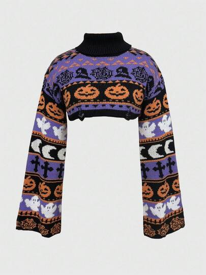 Goth Halloween Pumpkin Pattern Drop Shoulder Flare Sleeve Cropped Sweater For Women, Autumn