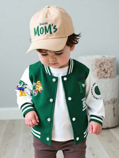 SHEIN 1PC Baby Boy Stylish Letter Print Zip-Up Jacket, Versatile Casual Outerwear For Spring & Autumn, Suitable For Outdoor Play, Homewear, Sports, Go School,  Baby Boy Bomber Jacket Baby Boy Letterman Jacket Baby Boy Streetwear Style Jacket Toddler Tops Brown Baby Boy Jacket Baby Boy Varsity Jacket Toddler Boy Jacket Baby Boy Letterman Jacket Fall Winter