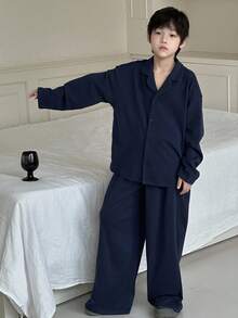 DAZY 2pcs/Set Tween Boy Long Sleeve Homewear Top And Pants Set Fall, Winter - Navy Blue - View 4