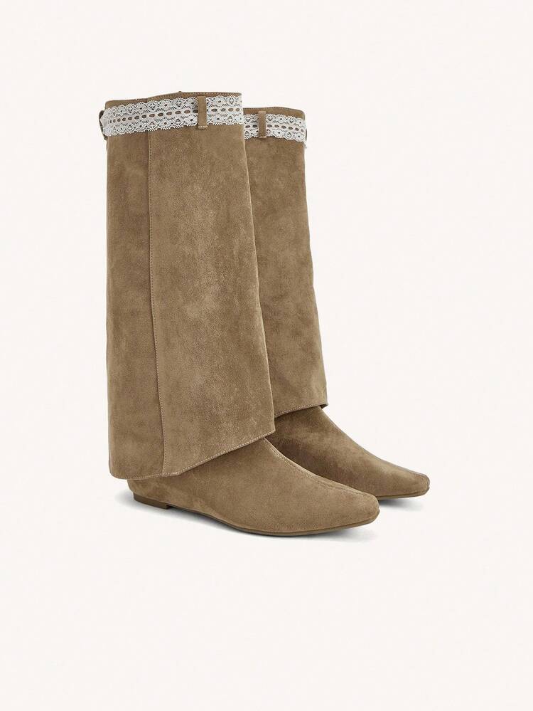 CUCCOO CHICEST Women's Fashionable Vintage Lace Trim Over-The-Knee Boots