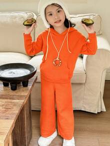 SHEIN Young Girls Casual Hooded Long Sleeve Sweater & Knit Pants Set Autumn Winter Clothes FoGirlen - Rust Brown - View 3