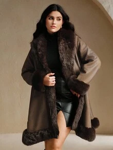 Anewsta Manteau mi-long ceinturé avec bordure en fausse fourrure élégant et pour femmes, grande taille, automne/hiver - Tabac - Voir 5