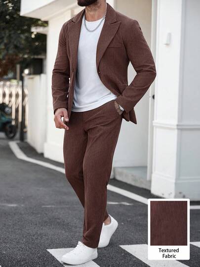 Manfinity Mode 男士纯色翻领长袖西装外套和裤子休闲套装，秋季棕色两件套服装，户外音乐节，夜总会酒吧，男朋友/丈夫礼物，周年纪念礼物，老钱