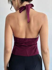 Firerie Top curto feminino com decote em V profundo, assimétrico, fivela de metal, frente única, costas nuas, moderno, chique, sexy, adequado para deslocamento, primavera/verão/outono, elegante, escritório, trabalho, professoras