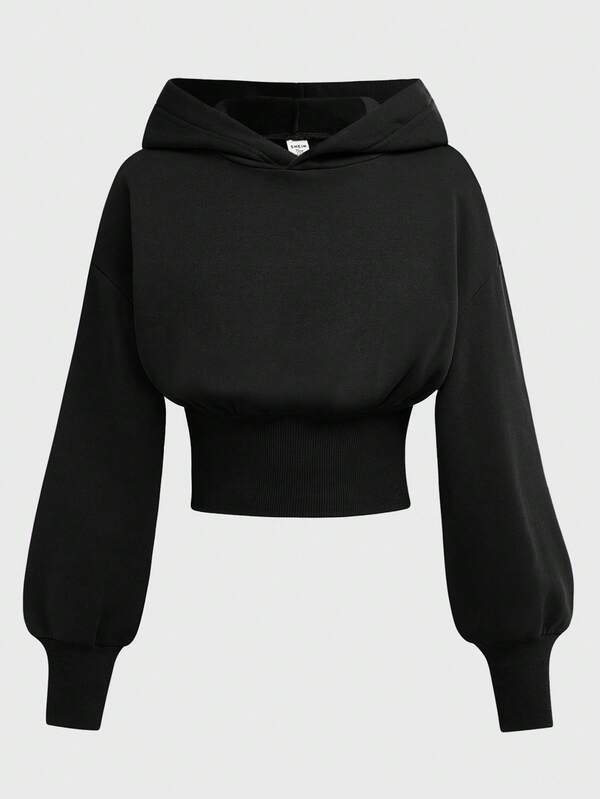 SHEIN Girlism Teen Girls' Black Cropped Hoodie, High Waist Long Sleeve Casual Minimalist Solid Color Sweatshirt Fall Winter