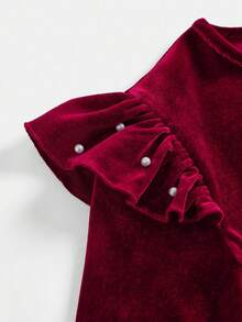 Pitira Tween Girls Elegant Velvet Beaded Ruffle Sleeve Cinched Waist Flare Dress, Wine Red, Suitable For Christmas Party, Autumn/Winter, Christmas Dress Girl Velvet Dress Burgundy Young Girls Formal Dress Tween Christmas Dress