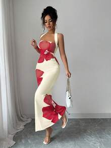 Elenzga Women's 2025 Summer Halter Tie Waist Slim Fit Printed Mid-Length Dress - Apricot - View 6