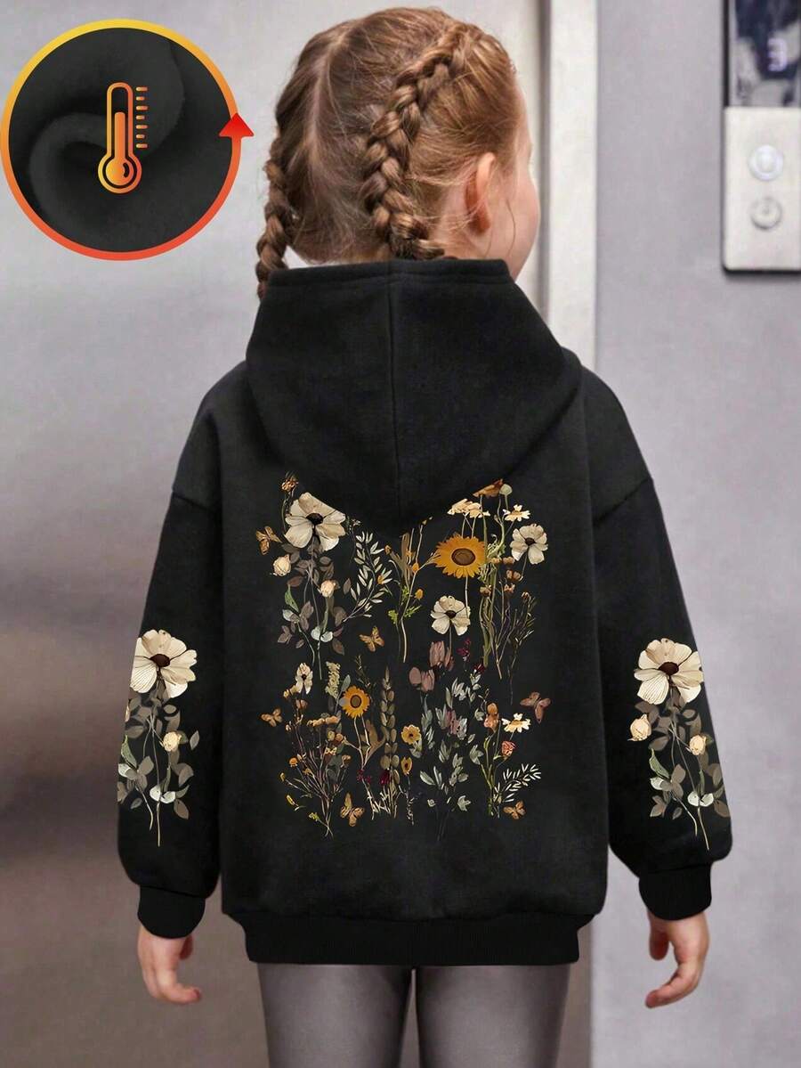年轻女孩花卉印花连帽套头衫，日常休闲 - 黑色 - 查看 1
