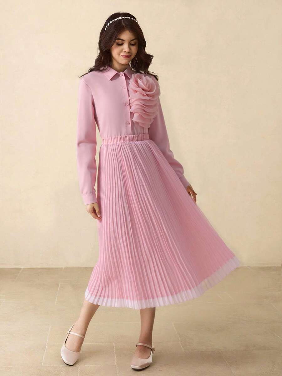 Teen Girls Light Pink Multilayer 3D Floral Long Sleeve Blouse & High Waist Pleated Skirt Set,Autumn Party Back To School Outfit,Elegant Minimalist - Pink - View 1