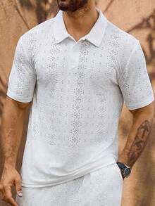 Manfinity Homme 男式纯色纹理短袖 Polo 衫和裤子套装 - 白色 - 查看 6