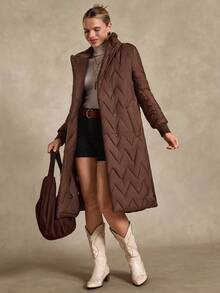 Bóhologie Fashionable Belted Snap Button Keeping Warm Padded Coat - Brown - View 6